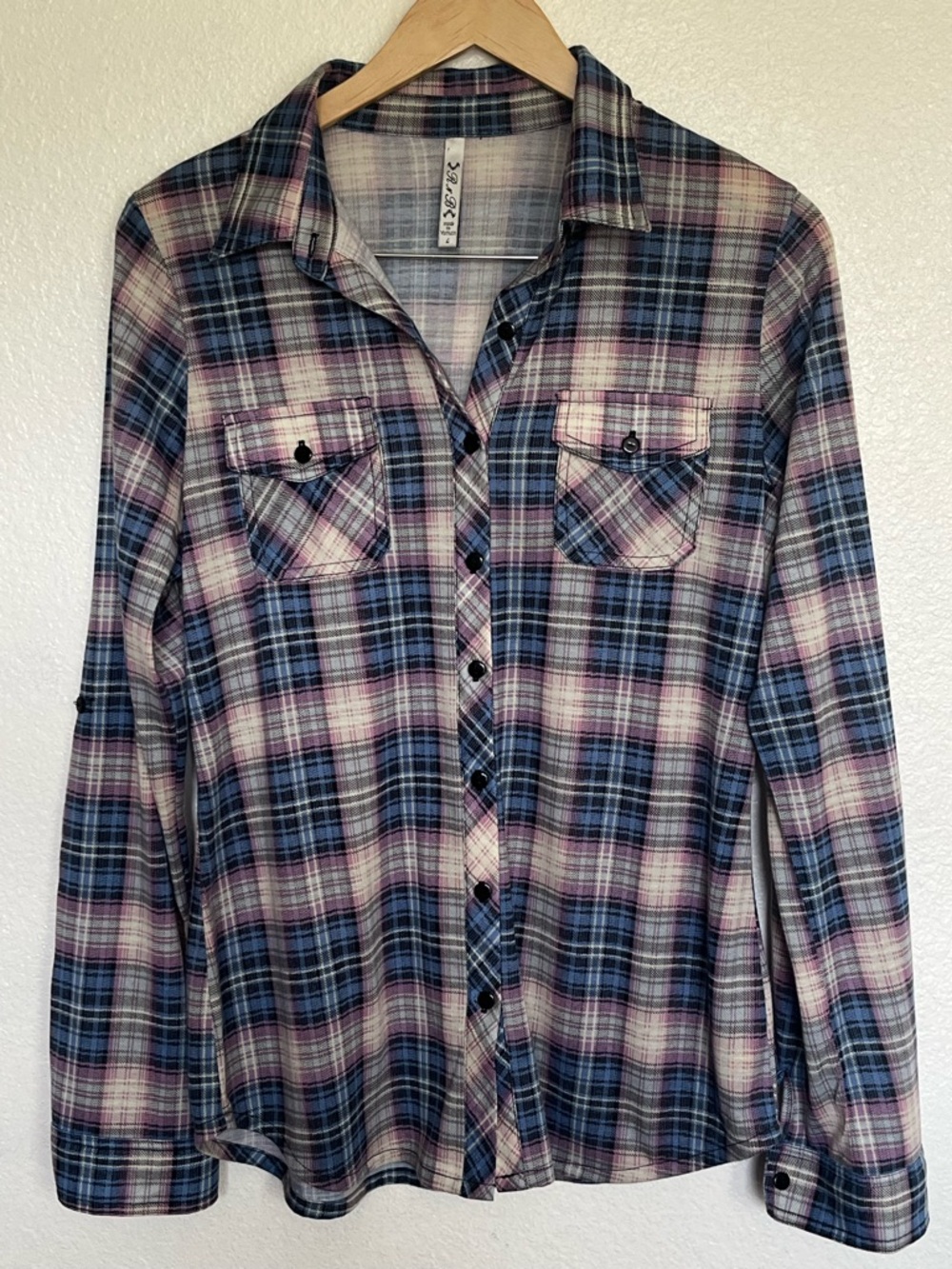 R N B Plaid Button-Front Shirt - Blue Violet Purple Black & White L